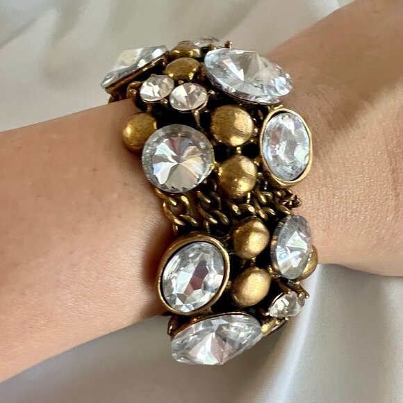 Chunky Large Rhinstone Bronze Gold Tone Statement Fashion Costume Bracelet - Picture 1 of 11